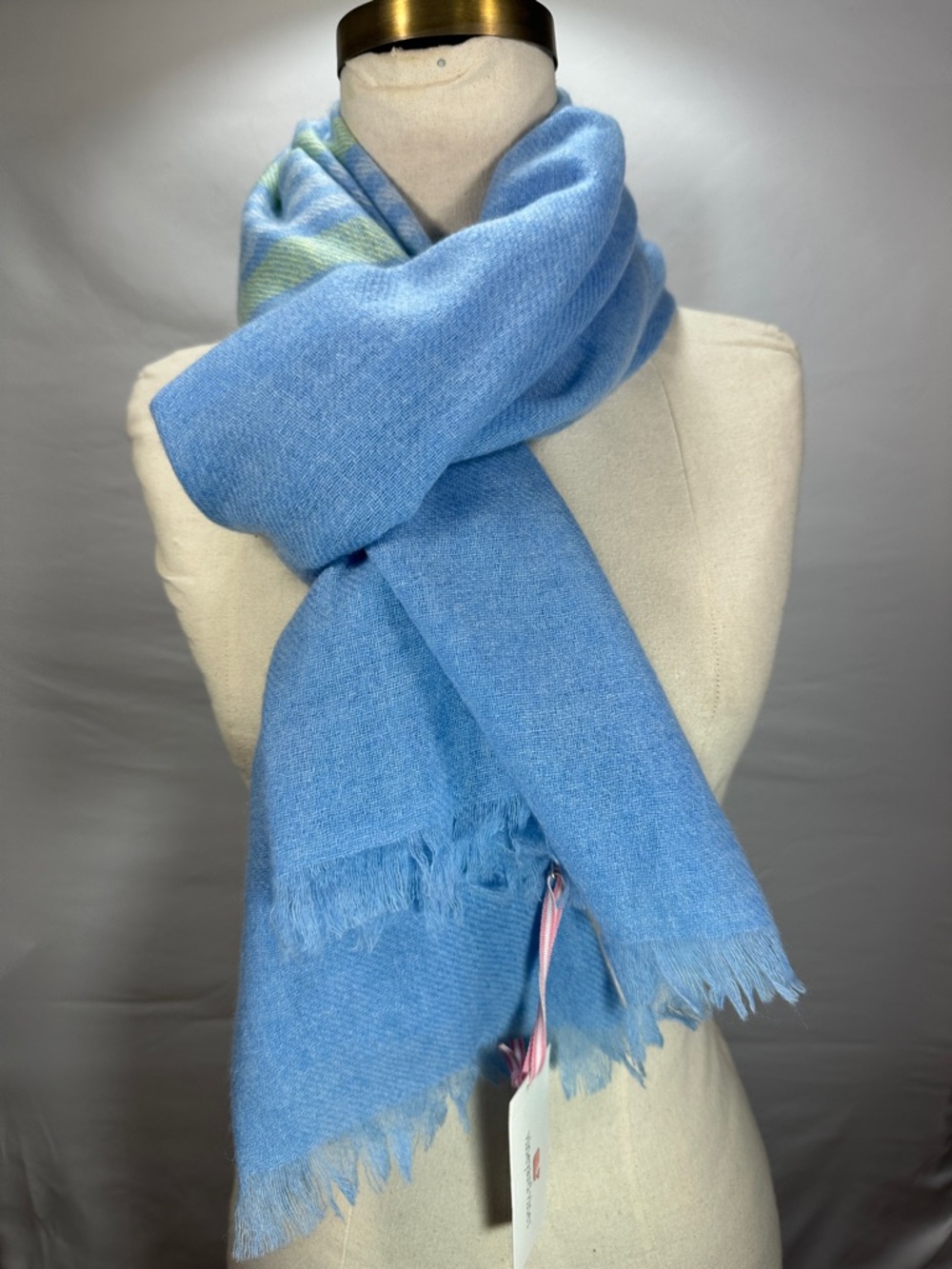 Vineyard Vines Light Blue and green stripped 100% cashmere Fringed Women's Scarf